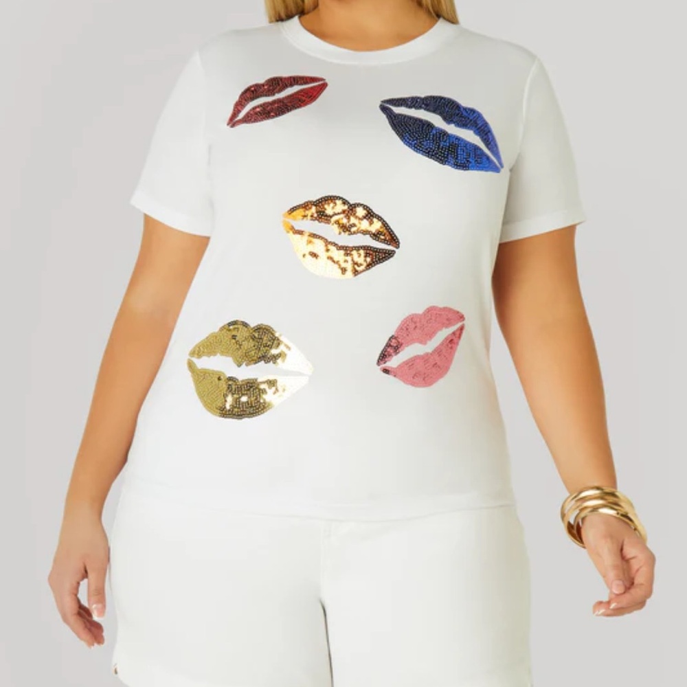 NWT Ashley Stewart Lips Sequin Applique Tee